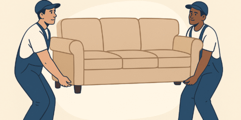 Two professional movers lifting a sofa, branded with Man and Van Windsor, offering reliable local furniture and sofa moving services. Contact 07965 224041.