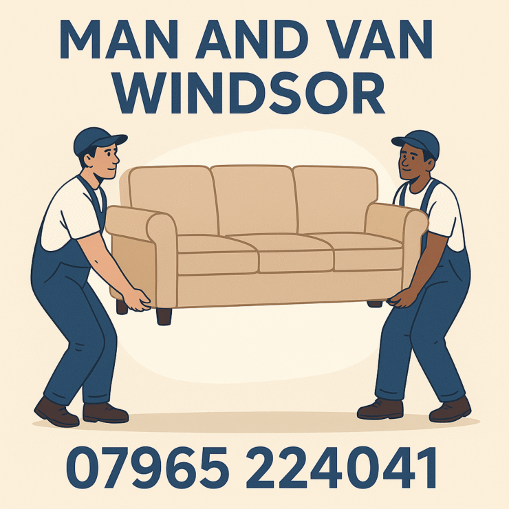 Two professional movers lifting a sofa, branded with Man and Van Windsor, offering reliable local furniture and sofa moving services. Contact 07965 224041.