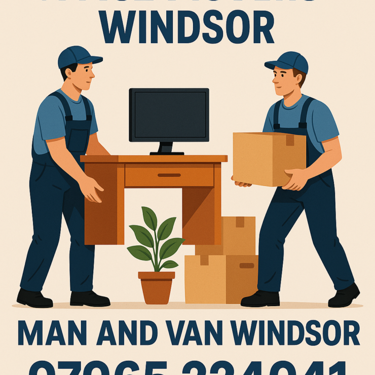 Professional office movers in Windsor transporting desks and equipment, provided by Man and Van Windsor. Call 07965 224041.