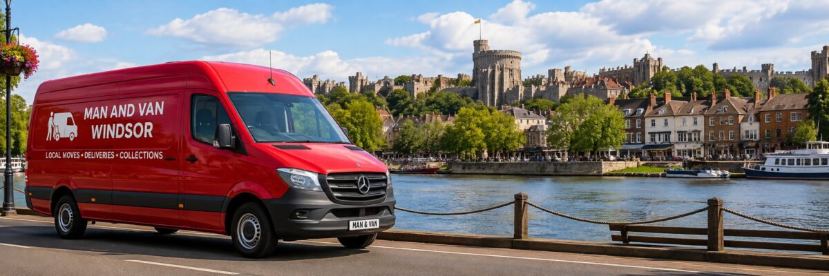 Man and Van Windsor red long wheelbase van beside Windsor Castle